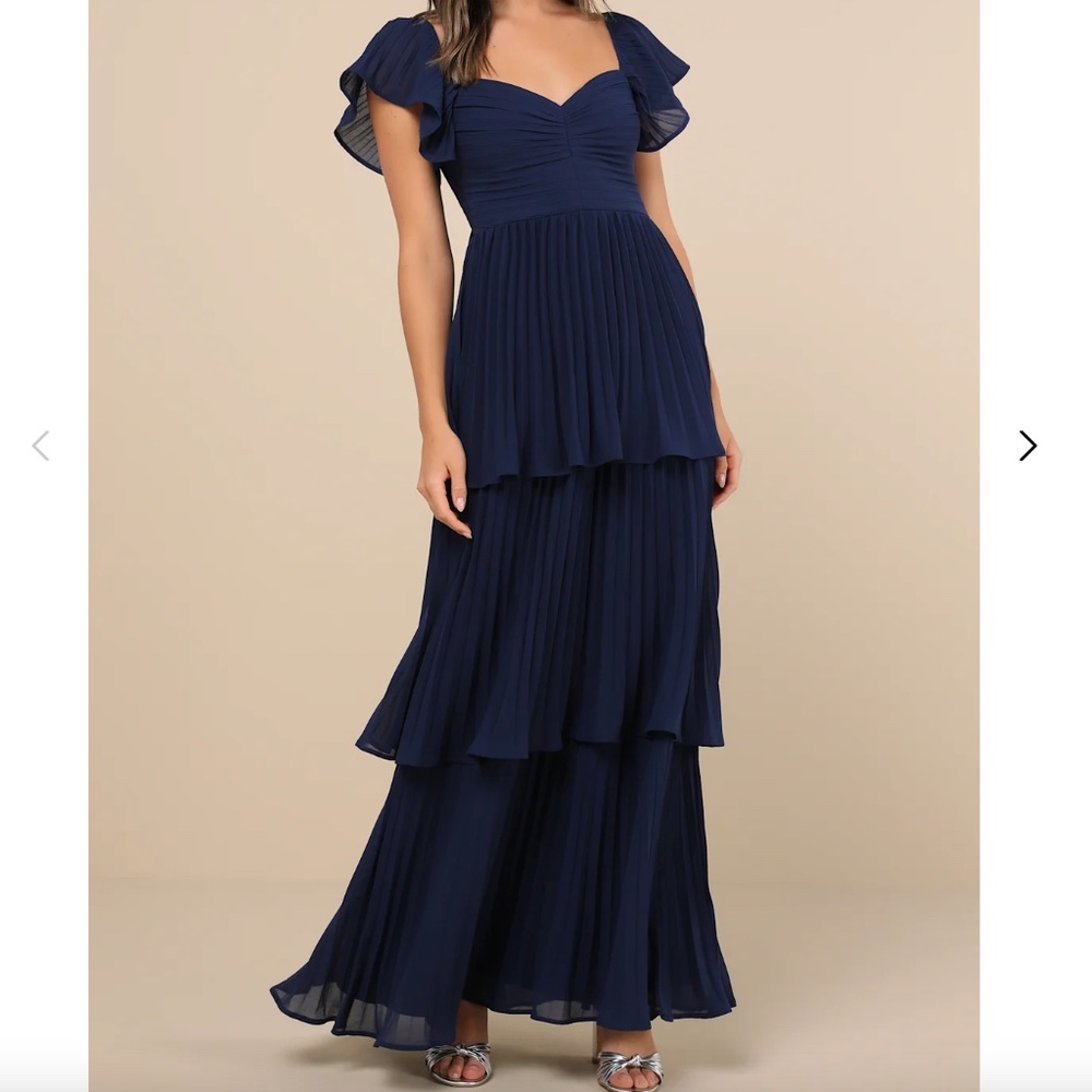 Lulus Notorious Charm Navy Blue Pleated Flutter Sleeve Maxi Dress (NWT)